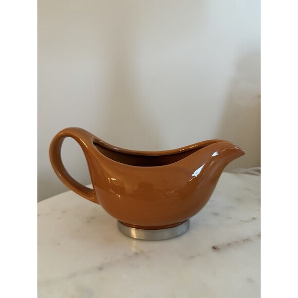 OGGI Orange Rust Ceramic Stainless Steel Base Gravy Sauce Boat Retro Vintage - Picture 4 of 7